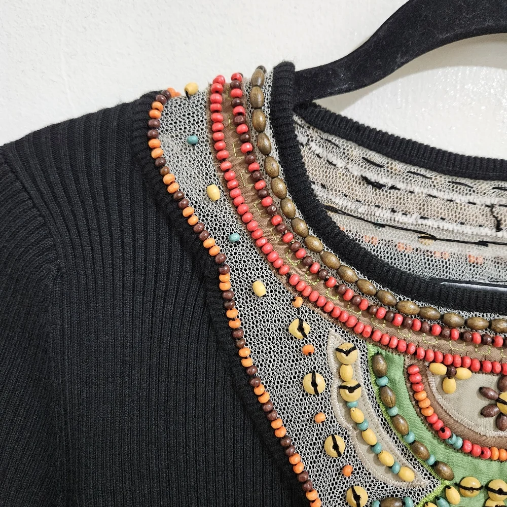 NEW Vintage Berek Takako Sakon Beaded Ribbed Knit Top Black Boho Art To Wear M - Picture 7 of 14